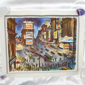 VTG 50s New York City at Night Times Square Original Art Print Joe Feher